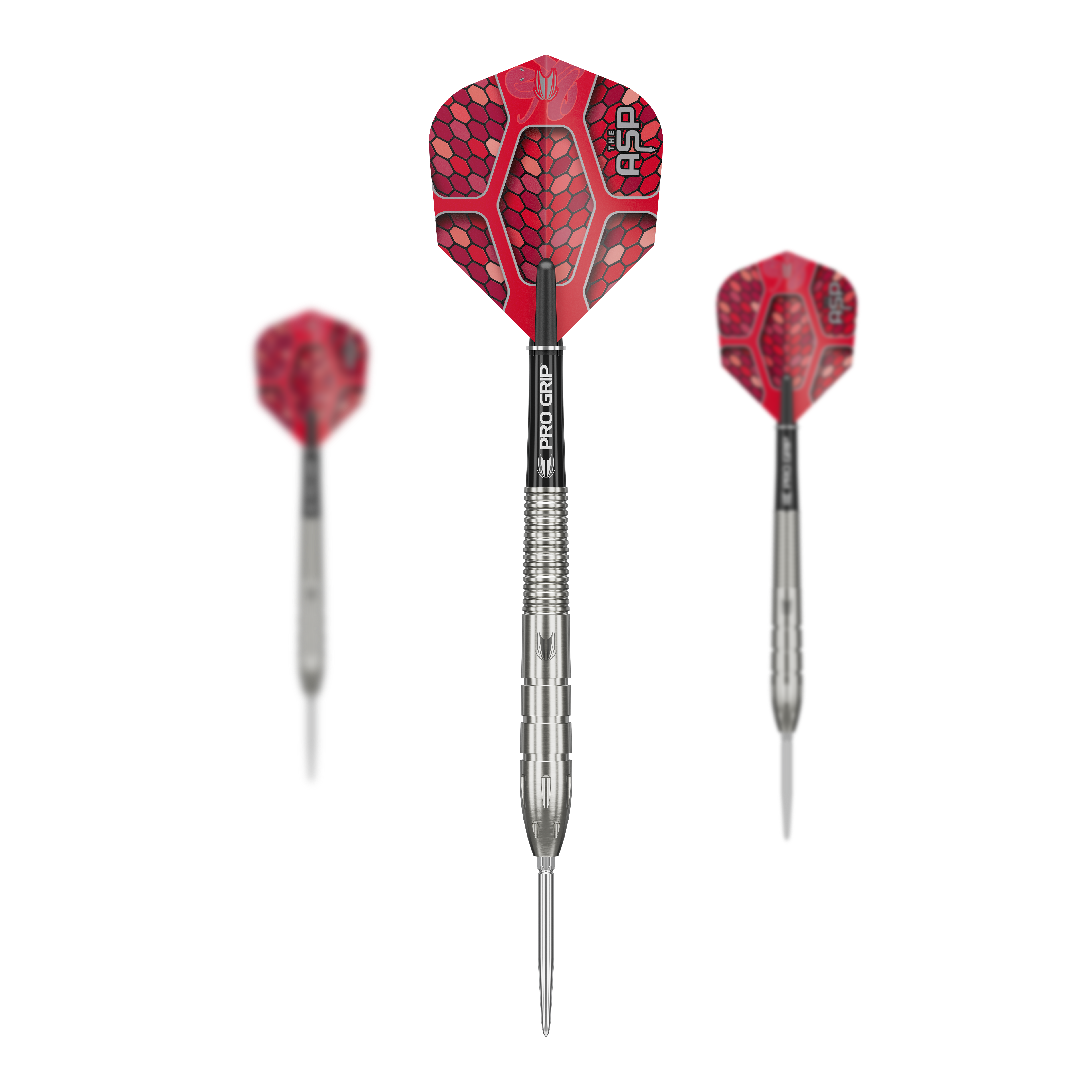 Auf dem Bild sind drei Steeldarts des Modells "Target Nathan Aspinall GEN1 Swiss Point" zu sehen. Die Darts haben silberne Spitzen und Schäfte sowie rote Flights mit Schuppenmuster.